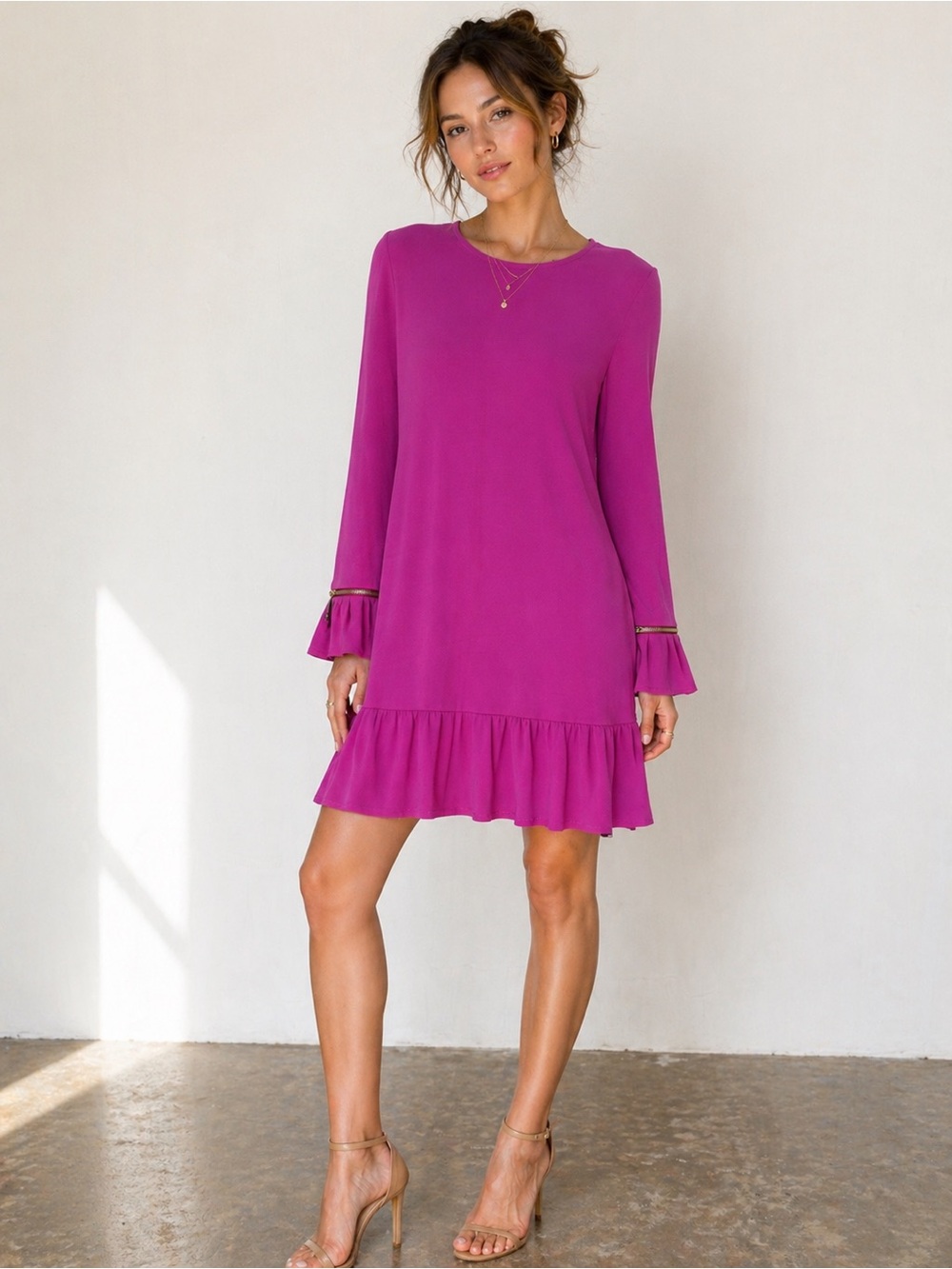 Alexis Fuchsia Long-Sleeve Ruffle-Hem Mini Dress